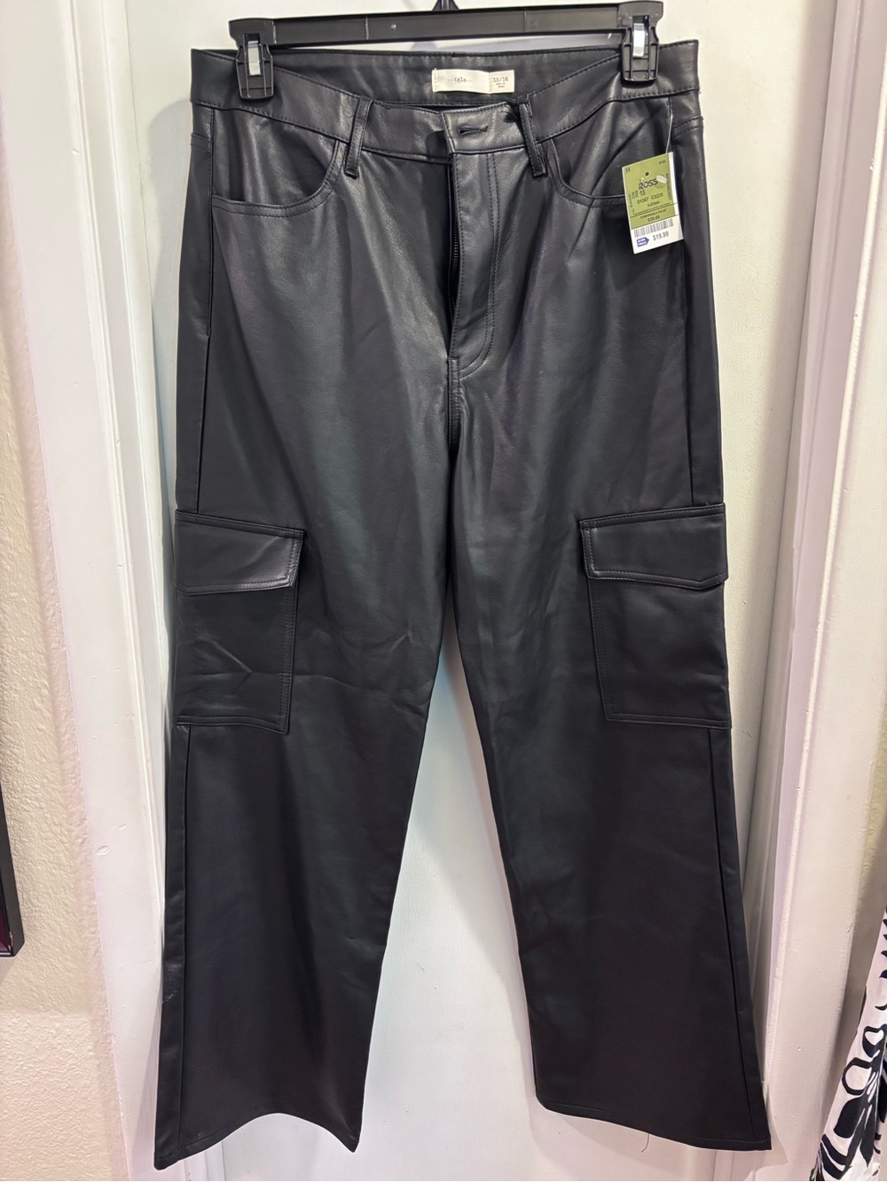 Men's Black Faux Leather Cargo Pants - Picture 1 of 3